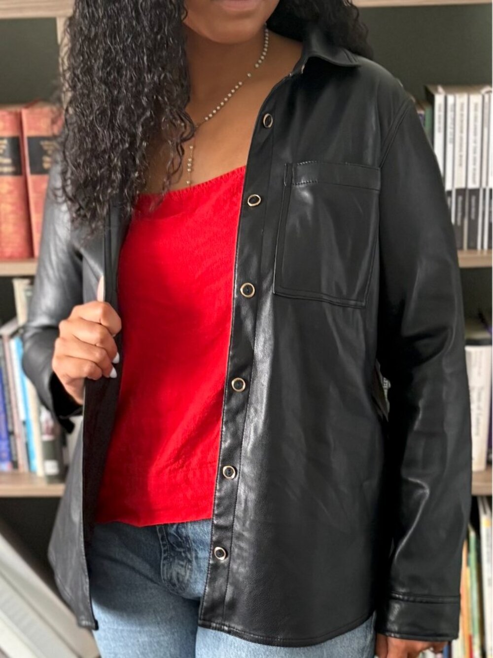 Bagatelle Collection Women's Black Faux Leather Jacket with Buttons | Size M